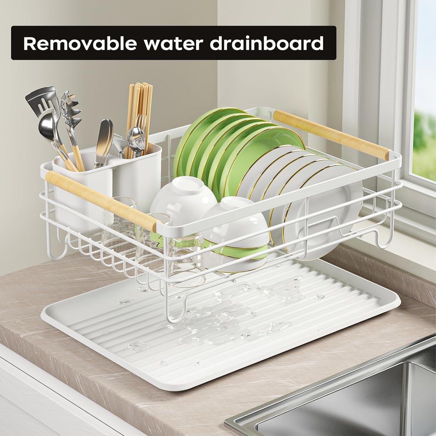 Dish Racks for Kitchen Counter: Wooden Handles, Thickened Metal, No Assembly. Small Dish Drying Rack: Ideal for Small Households. Drying Rack Kitchen: White