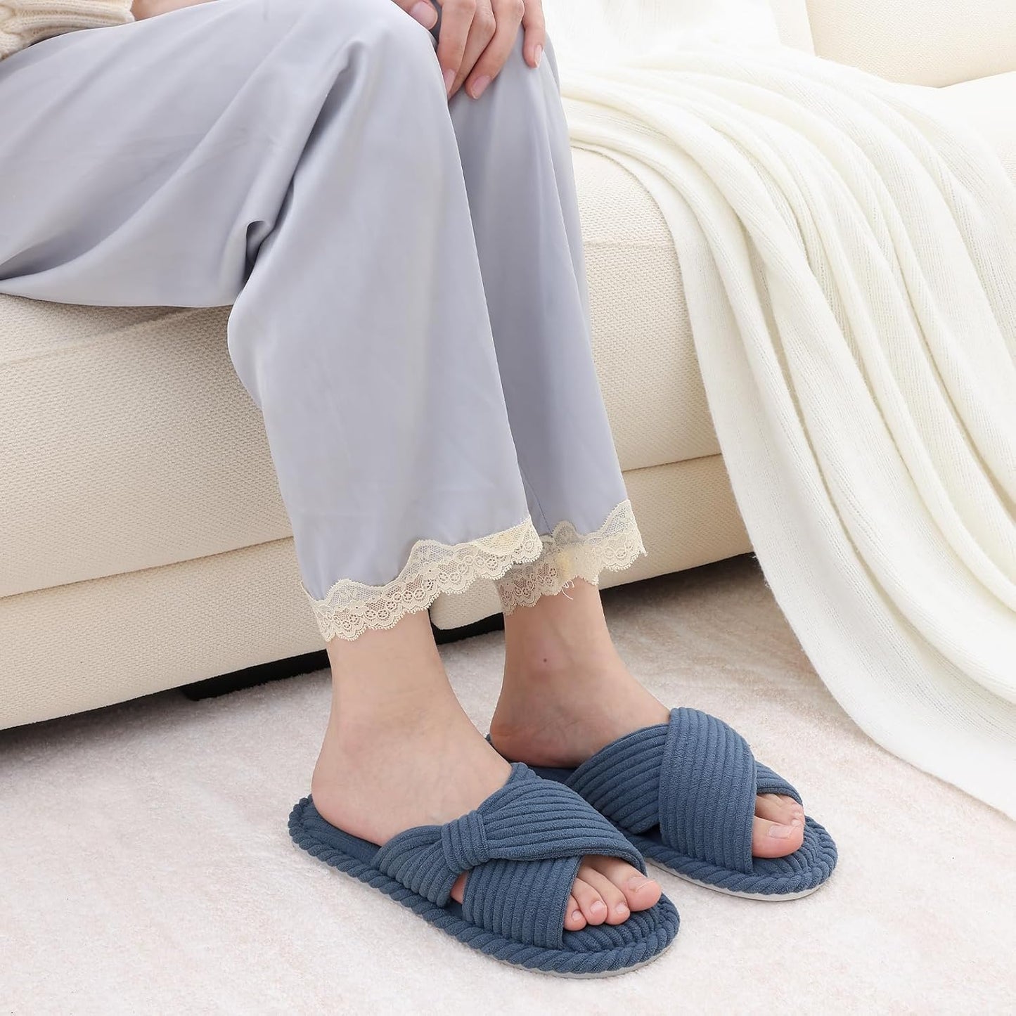 Evshine Summer House Slippers for Women Corduroy Cross Bow Indoor Slippers Open Toe Slip On Bedroom Shoes with Memory Foam