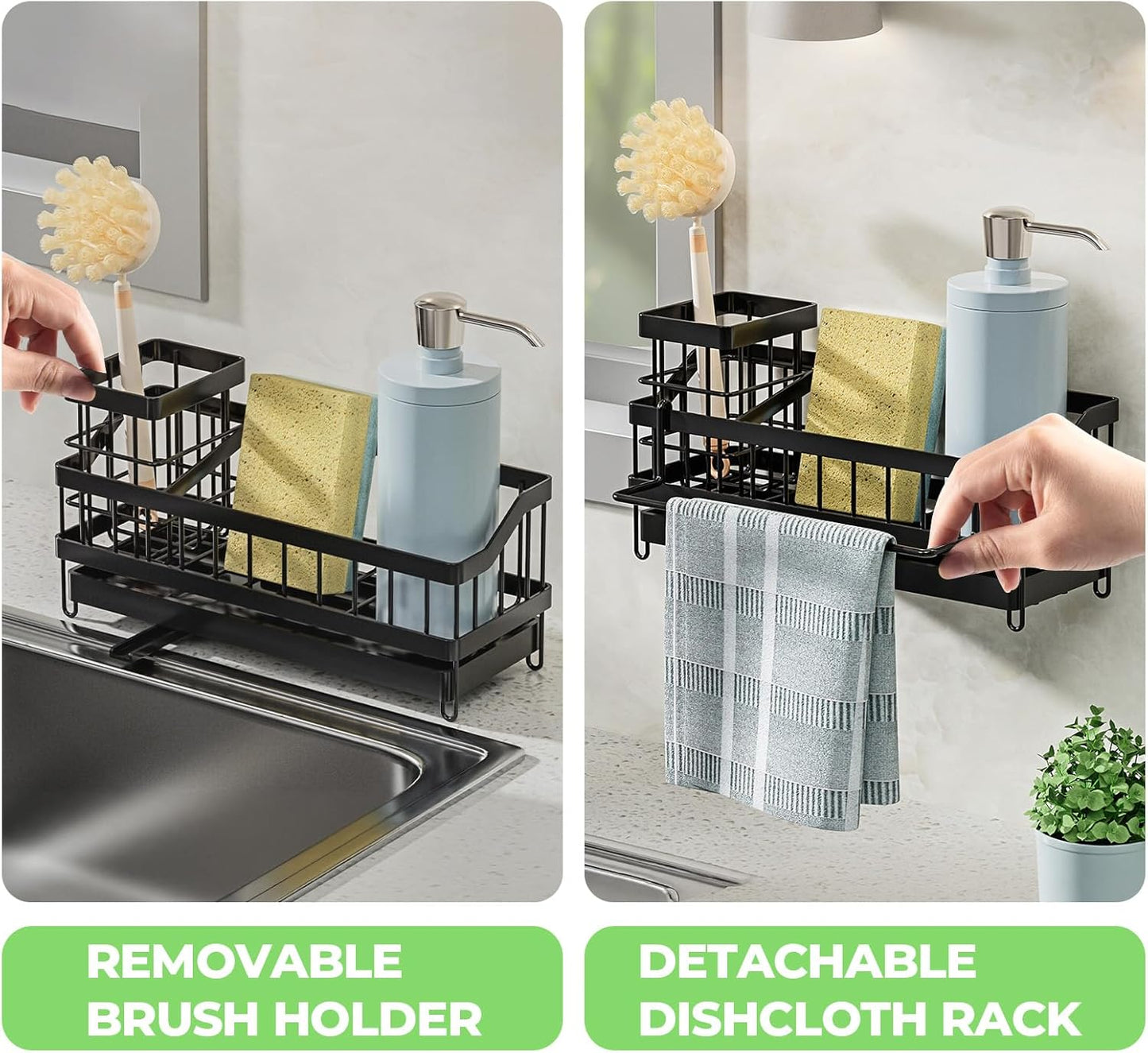 Sink Caddy kitchen Organzier with High Brush Holder, Wall-Mounted Sponge Holder for Sink, Countertop Organizer Soap Dispenser Storage, Rustproof 304 Stainless Steel Kitchen Essentials