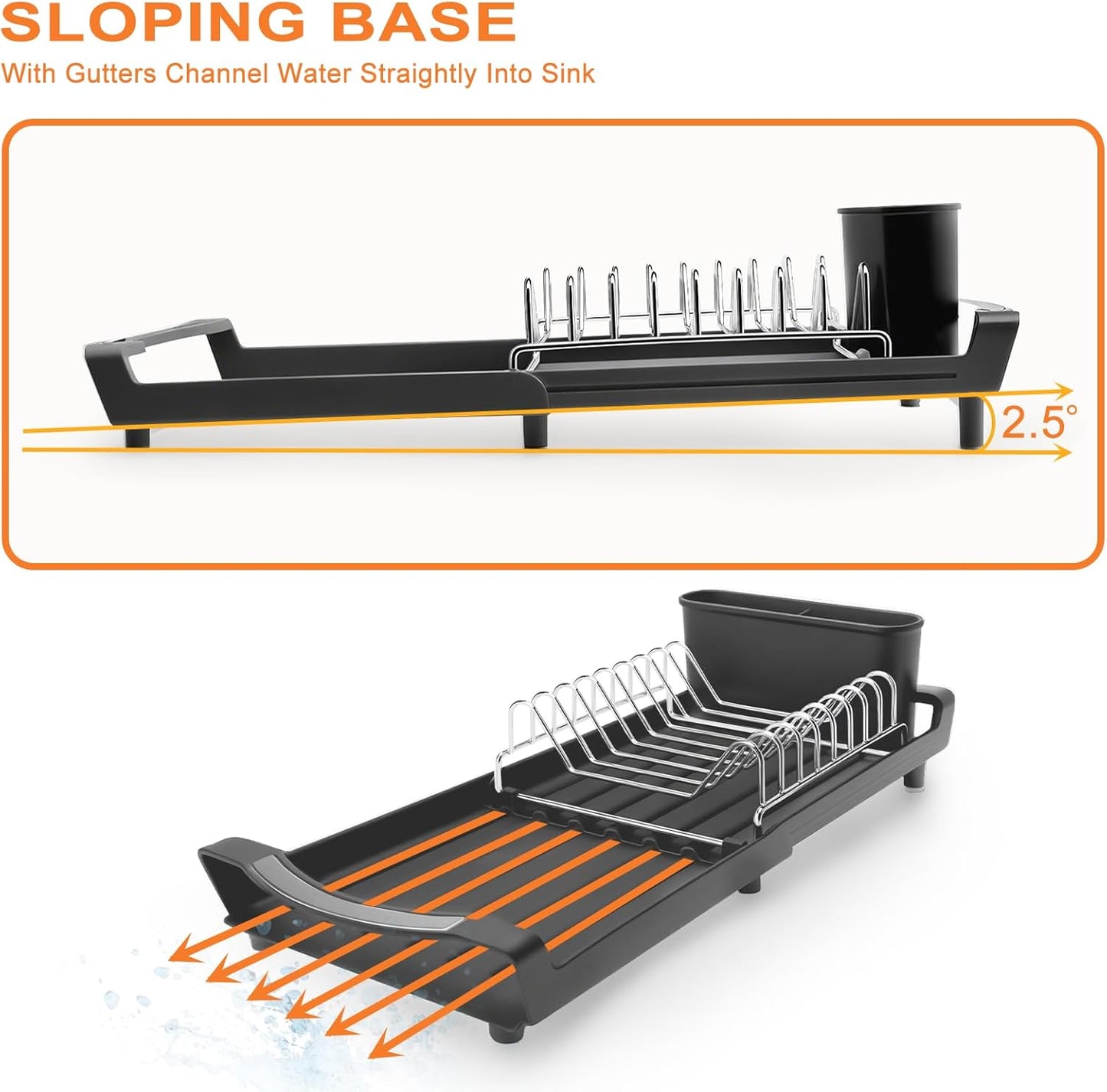 Dish Drying Rack Compact Expandable - A Space-Saving, Stainless Steel, Rust-Resistant Dish Drainer for Kitchen and Apartment Countertops/Sink Cabinets, Extendable from 11.42 to 19.9 inches(Black)