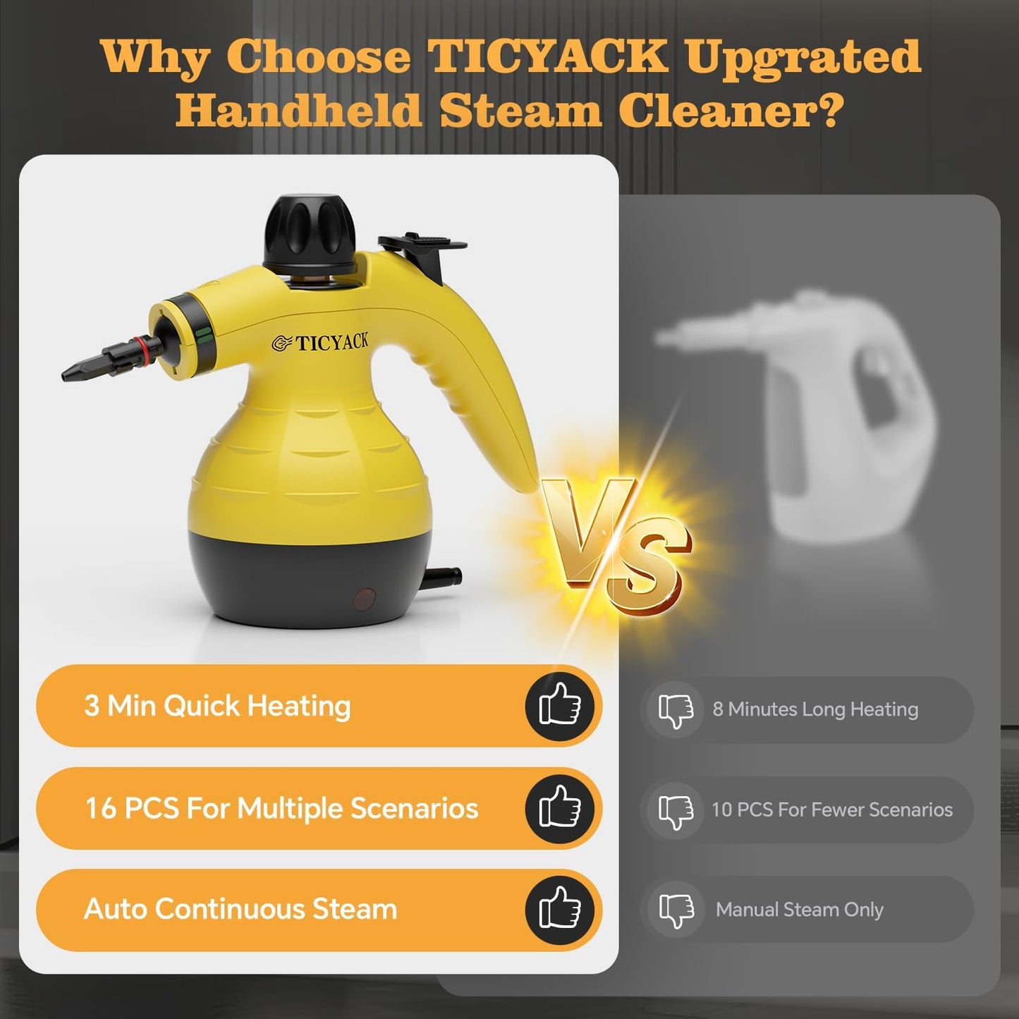 Steam Cleaner, Handheld Steam Cleaner for Home, 16-Piece Steam Cleaner Kit with Automatic Steam Switch, Steamer for Kitchen, Bathroom, Car, Living Room and Multi-Surface Deep Cleaning (Yellow)