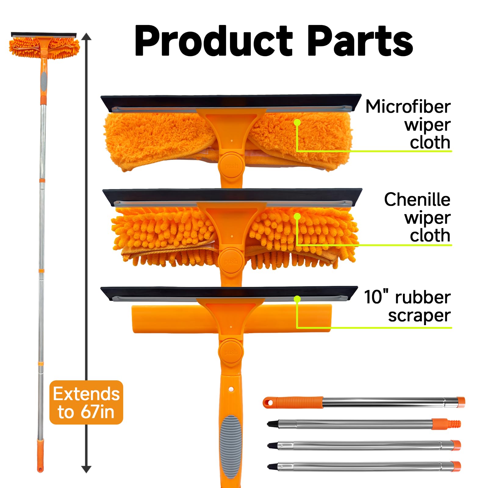 LILISPAI 2 in 1 Window Squeegee Cleaner Kit Extension Pole, 67 in, Orange