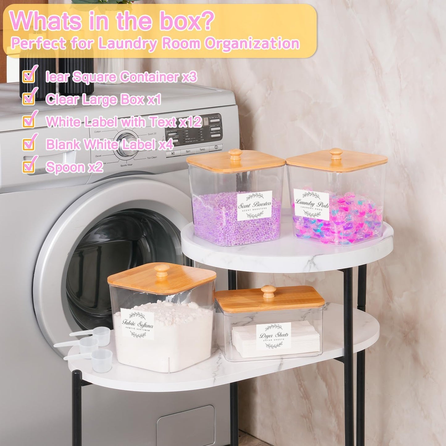 efluky 4+1 pack Laundry Pods Container & Dryer Sheet Holder Set,Clear Laundry Room Organization Containers with Bamboo Lids and Labels,Laundry Pods Holder for Scent Booster,Powder,Pod