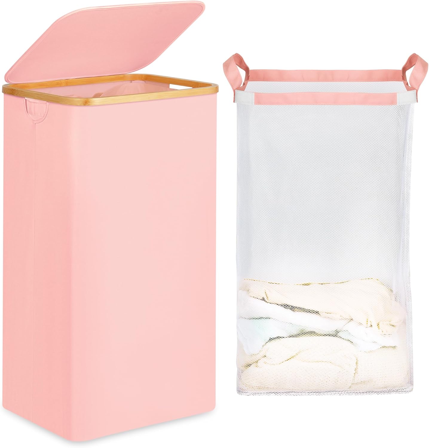 26 Gal Laundry Basket with Lid and Net Bag, Tall Laundry Hamper with Bamboo Handles, Aesthetic Dirty Clothes Bin for Laundry Room, Bathroom, Bedroom and Dorm, Pastel‌