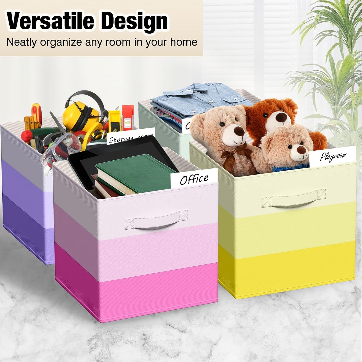 6 Pcs Fabric Storage Cubes Bins with Metal Handle 11 Inch Macaron Colored Striped Style Collapsible Bins Cube Storage Organizer for Clothes Books Kids Room Closet and Toys