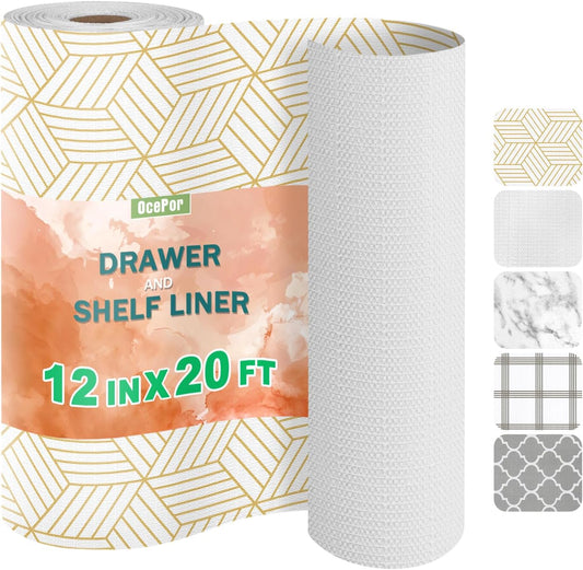 OcePor Non-Adhesive Drawer and Shelf Liner 12IN x 20FT，Non Slip Cabinet and Cupboard Liner, Kitchen Cabinet Liners for Shelves, Waterproof Drawer Shelf Liners for Cabinets/Bathroom Cupboard
