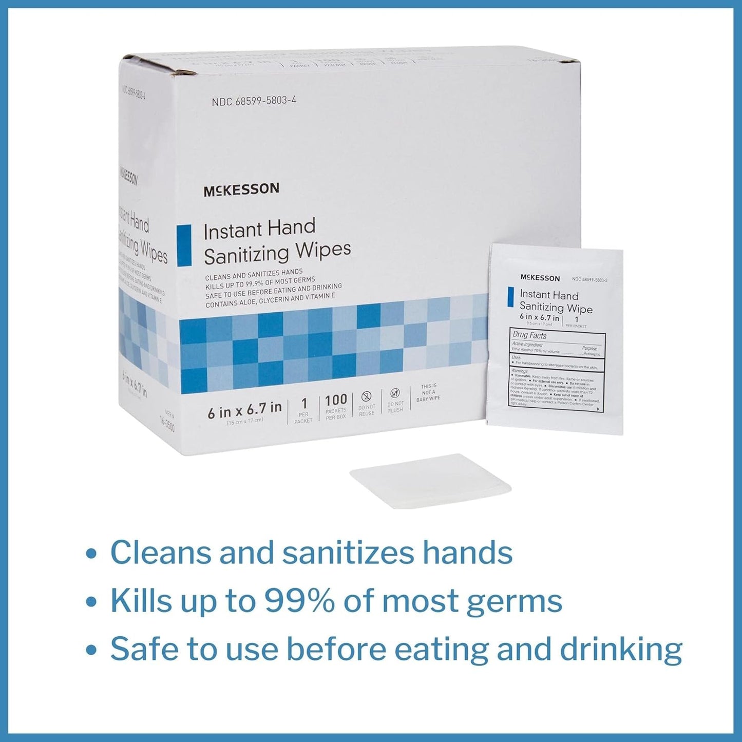 McKesson Hand Sanitizing Wipes [100 Count] Alcohol Wipes with Aloe and Vitamin E, Travel, Individually Wrapped
