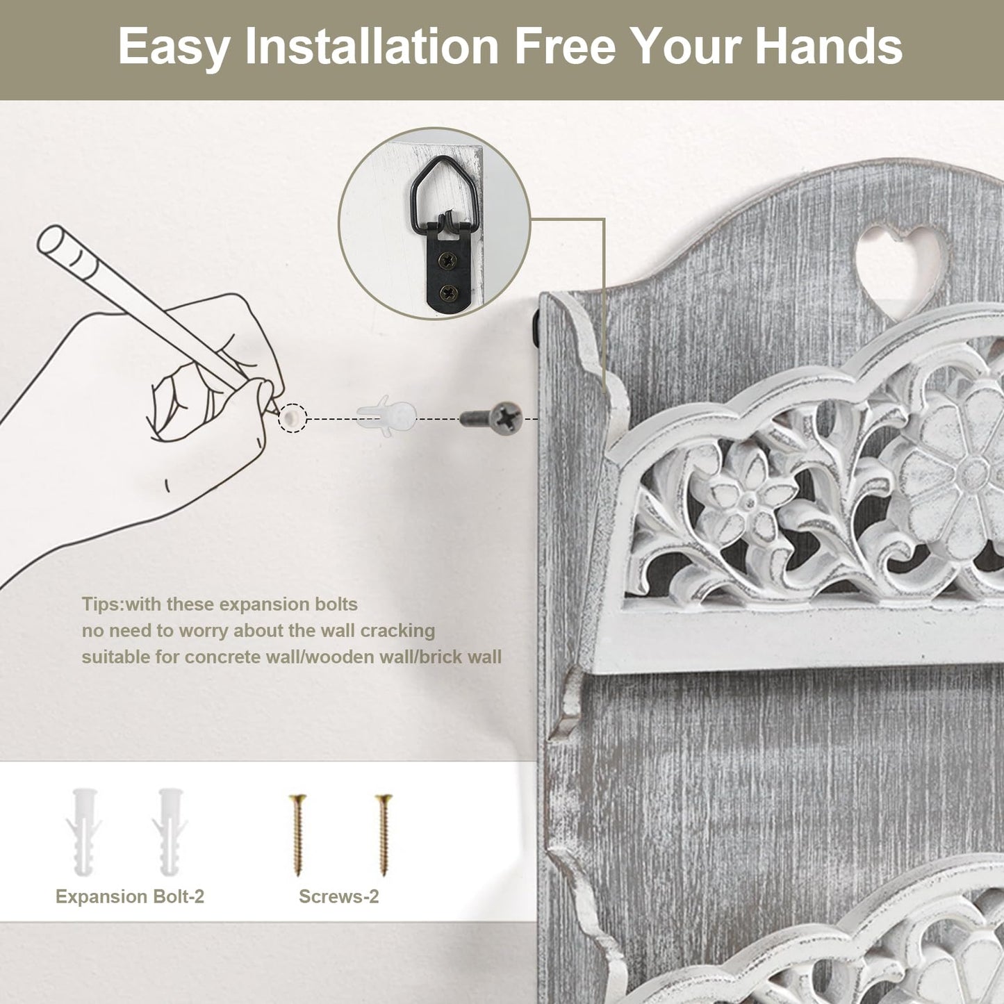 Key and Mail Holder for Wall, 2-Slot Mail Organizer Wall Mount 5 Key Hooks