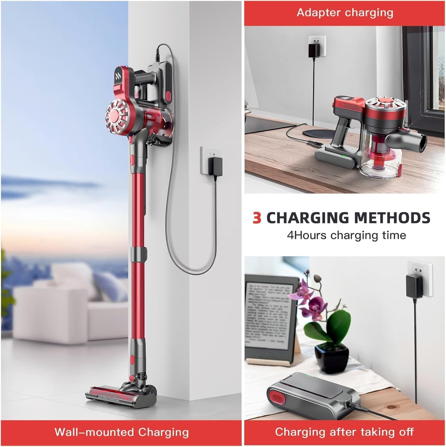 Cordless Vacuum Cleaner,Vacuum Cleaners for Home with Super Suction,Lightweight Stick Vacuum with 35 Mins Runtime,Rechargeable Cordless Vacuum for Carpet, Tile, Pet Hair, Hardwood Floors(Red)