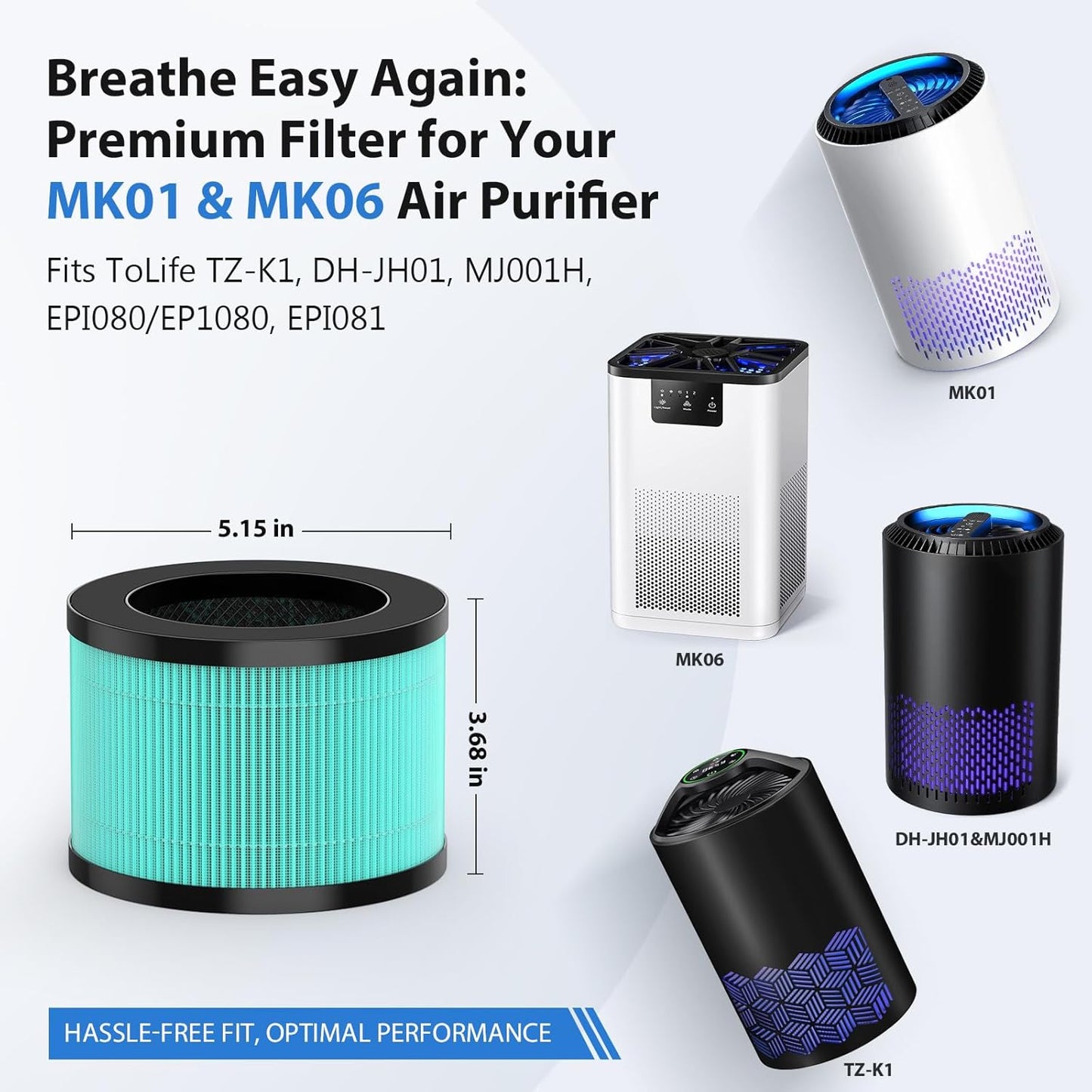 2 Pack MK01 MK06 TZ-K1 Air Filter Replacement Compatible with AROEVE MK01 MK06 MG01JH, ToLife TZ-K1 and Kloudi DH-JH01 Air Puri-Fier, 4-in-1 Replacement Filter, Pet Dander Version