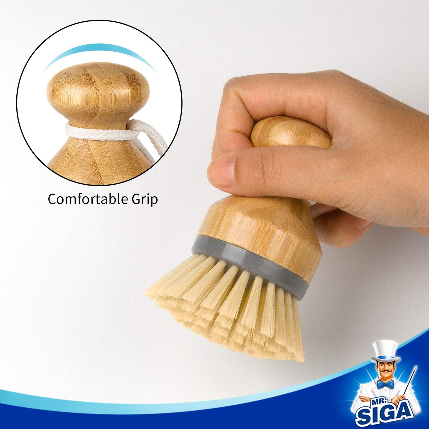 MR.SIGA Bamboo Palm Brush, Dish Scrub Brush, Bamboo Dish Brush, Pack of 2