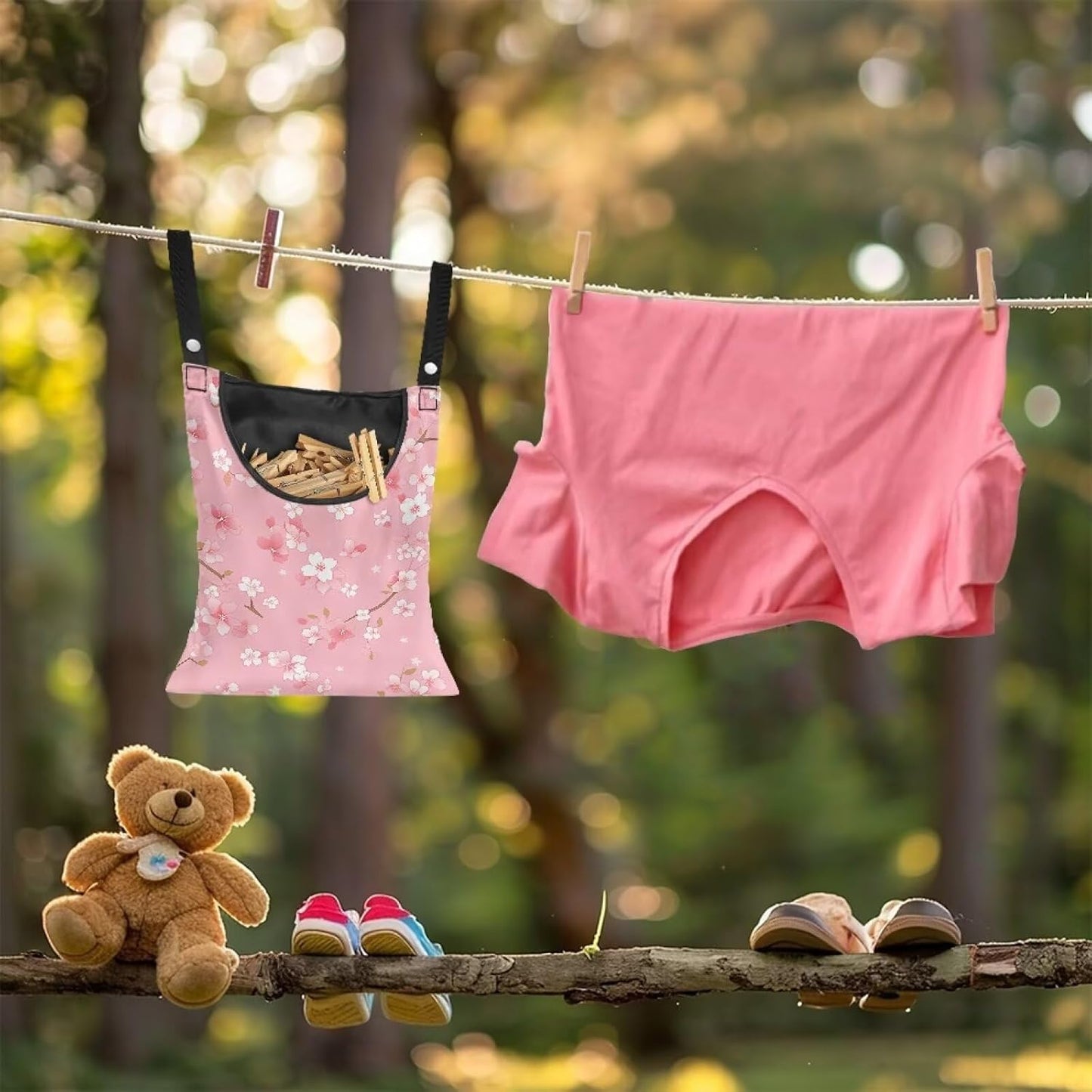 Clothespin Bag, Hanging Laundry Bag, Clothes Lines for Hanging Clothes Outside, Hanging Storage Organizer with Hanging Rope for Home Outdoor - Cherry Blossom Pink