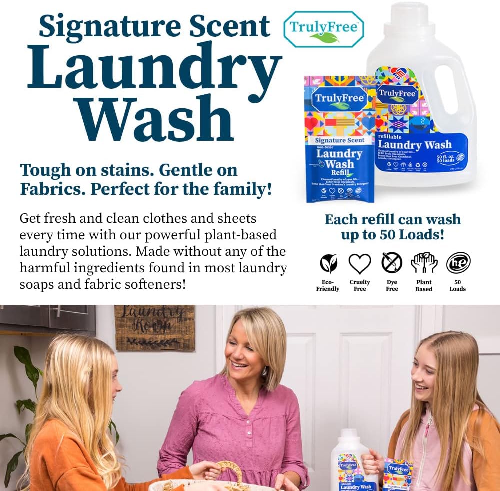 Truly Free Natural Laundry Detergent for Sensitive Skin | Eco Friendly, Plant Based, Baby Clothes Safe | Clean & Easy Powder to Liquid, 4 Pack Refill Detergent, NO Jug | Signature Scent, 200 Loads