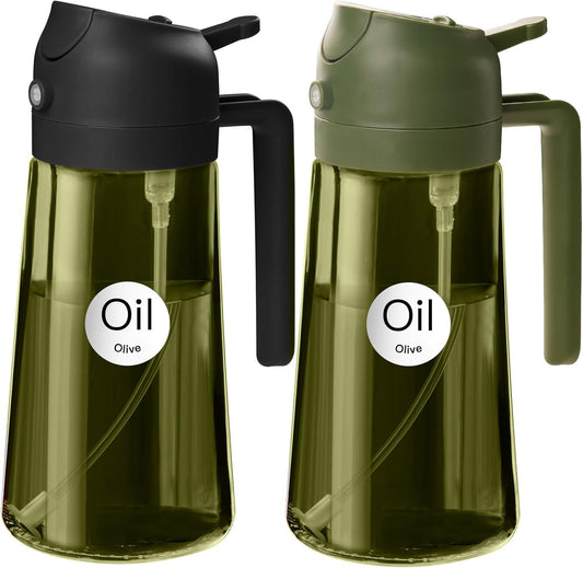 YARRAMATE 2Pcs 16oz/470ml Dark Green Oil Sprayer for Cooking with Stickers, Food-grade Premium 2 in 1 Olive Oil Dispenser Bottle for Kitchen Gadgets, Air Fryer, Salad, Frying, BBQ (Black&OliveGreen)