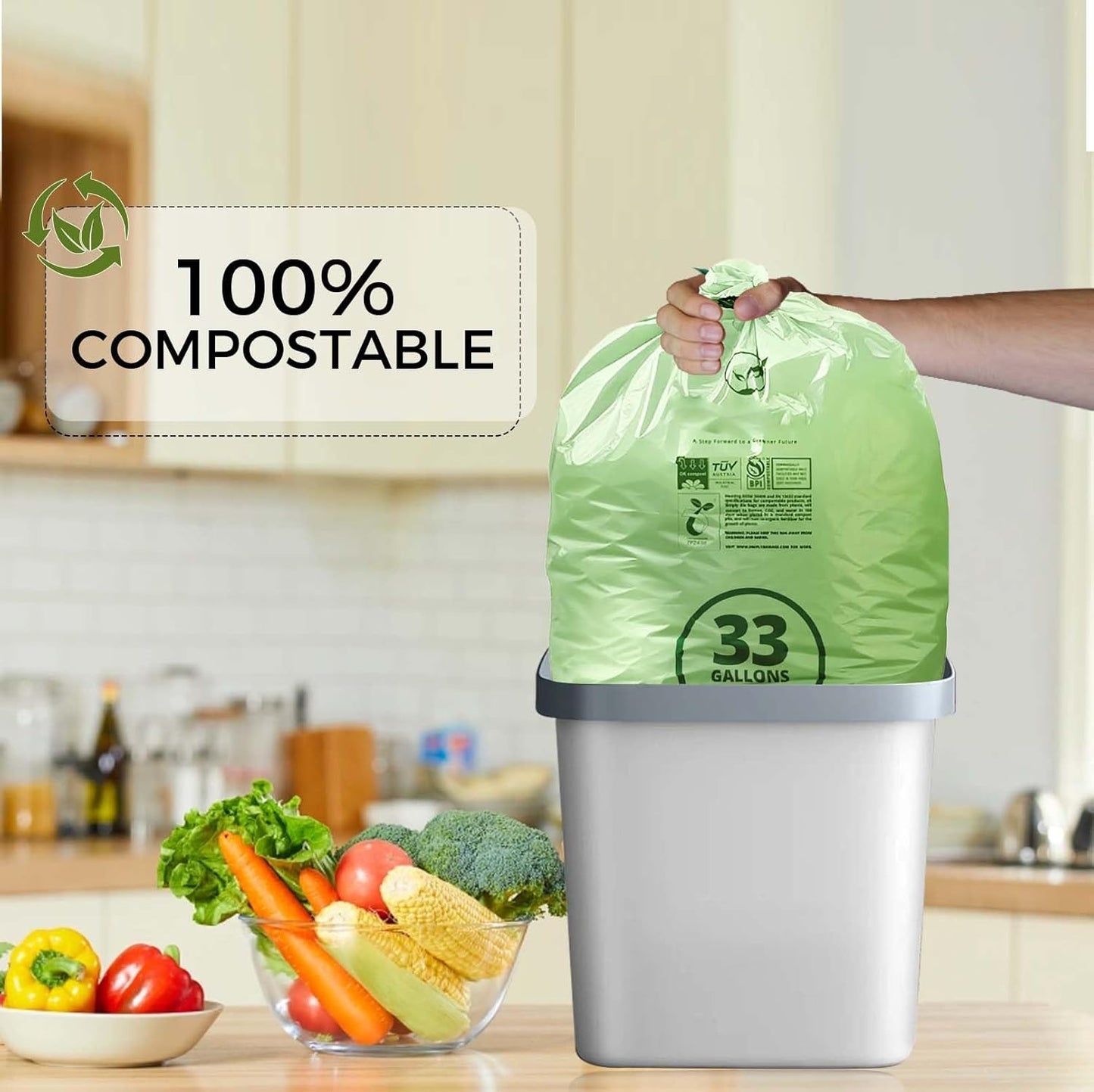 30-33 Gallon Compostable Trash Bags with Flat-Top, Heavy Duty Extra Thick 1.57 Mil, 124.92 Liter, 30 Bags, Large Lawn and Yard Waste Bag, ASTM D6400, US BPI and OK Compost Home Certified