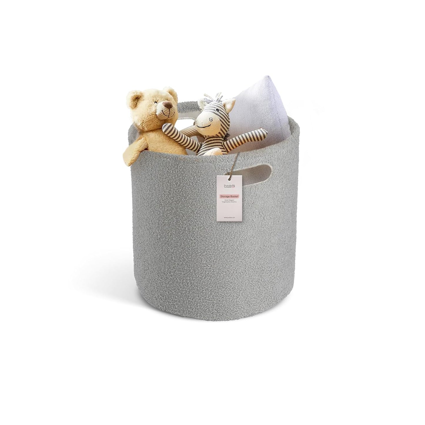 PUTSKA Basket – Round Storage for Toys, Clothes, Stuffed Animals – Soft Baby Girl Basket for Nursery, Kids Room, Bedroom, Living Room – Large, Grey
