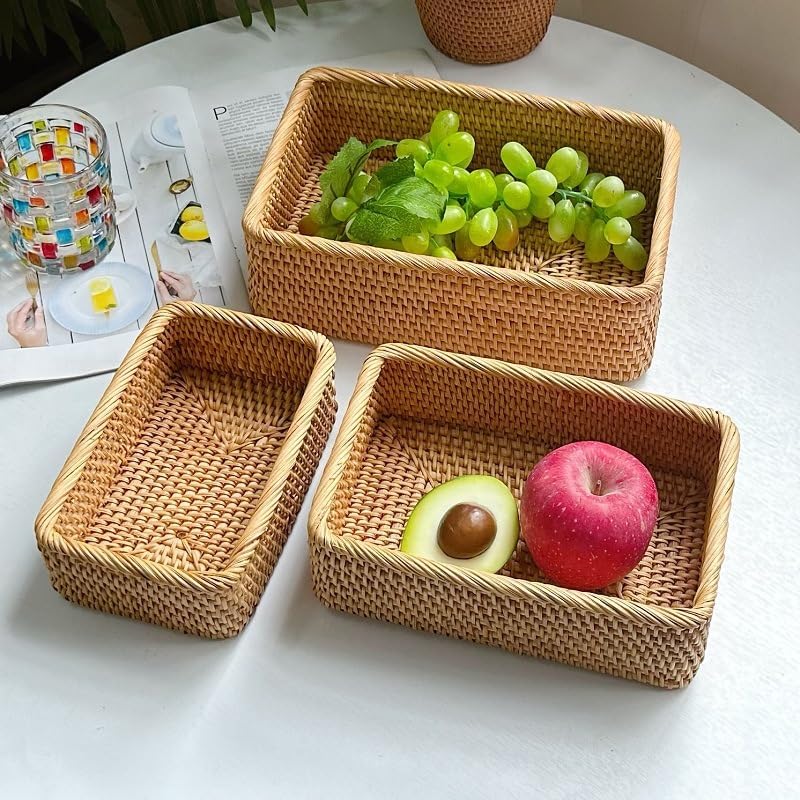 Rattan Storage Baskets, Wicker Baskets for Organizing, Hand Woven Fruit Basket, Decorative Baskets for Kitchen Counter, Living Room, Bathroom, Set of 3