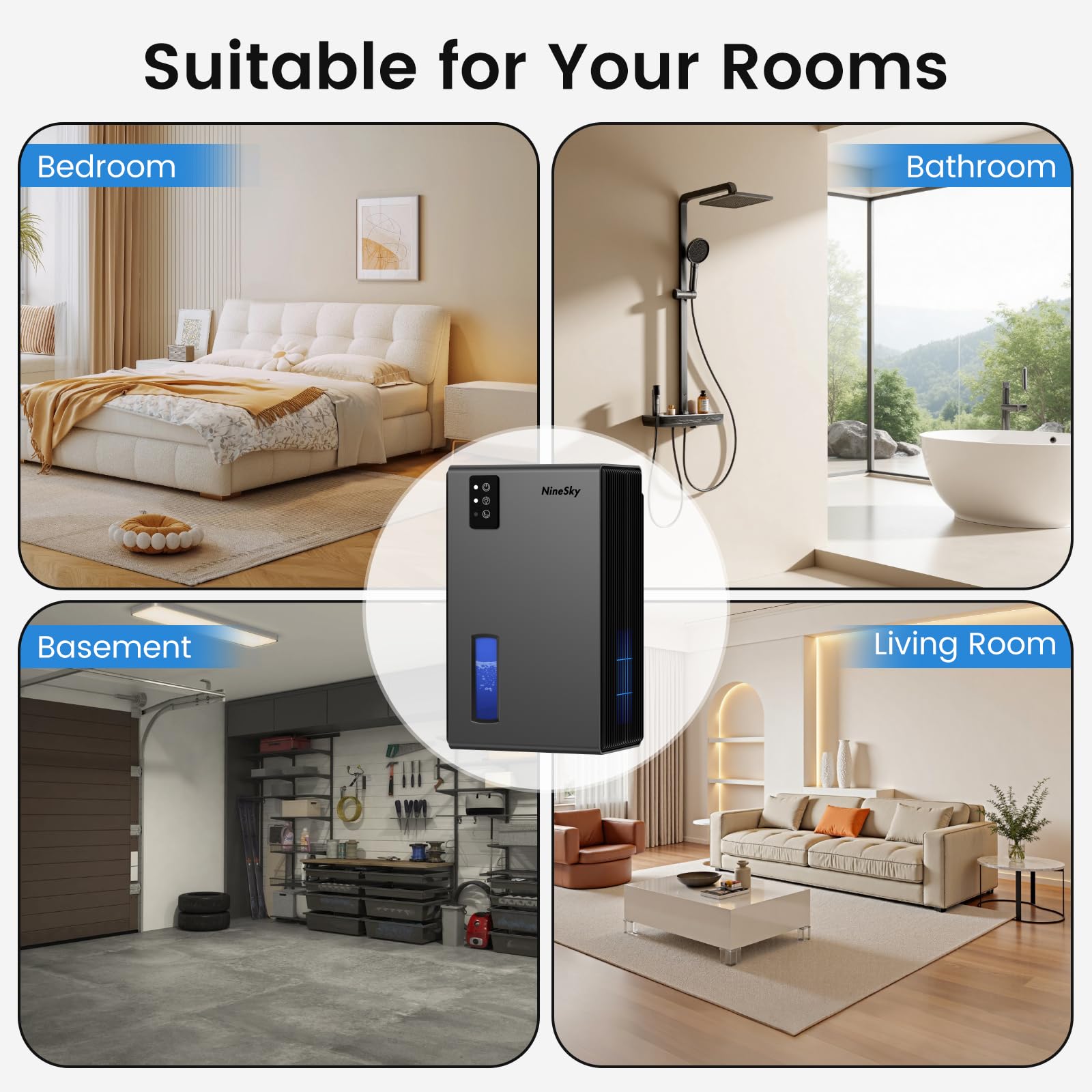 NineSky Dehumidifiers for Home, 1000 Sq.Ft Dehumidifier with 95oz Water Tank, Quiet Dehumidifier
