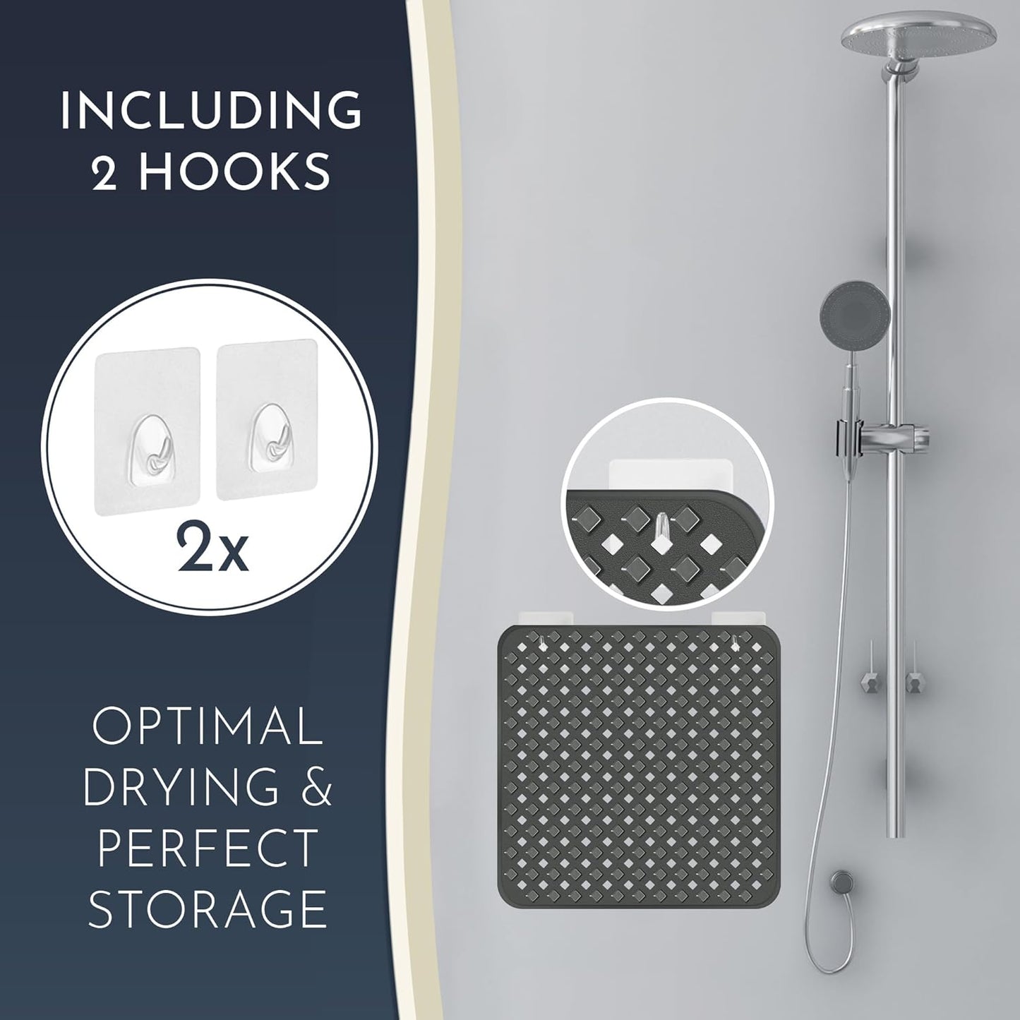 Homerella Anti Slip Shower Mat | Anti Mold Non Slip Bathtub Mat for Inside Shower | Square Floor Shower Mat 21 x 21 inch with Suction Cups for Grip & Hooks Hanging and Quick Drying | Machine Washable