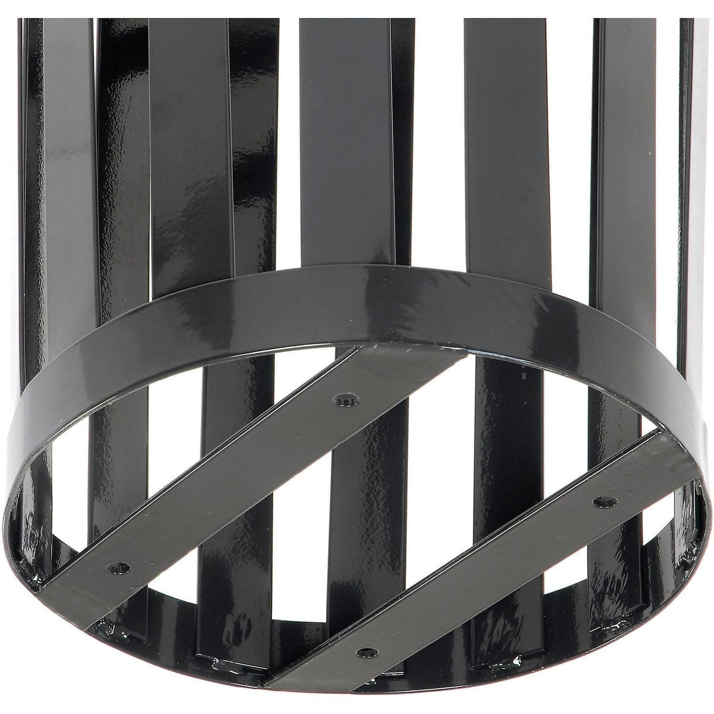 Global Industrial 24 Gallon Heavy-Duty Outdoor Metal Slatted Round Trash Receptacle with Rain Bonnet Lid, Powder Coat Finish, 23" Diameter x 41-3/4"H, Black