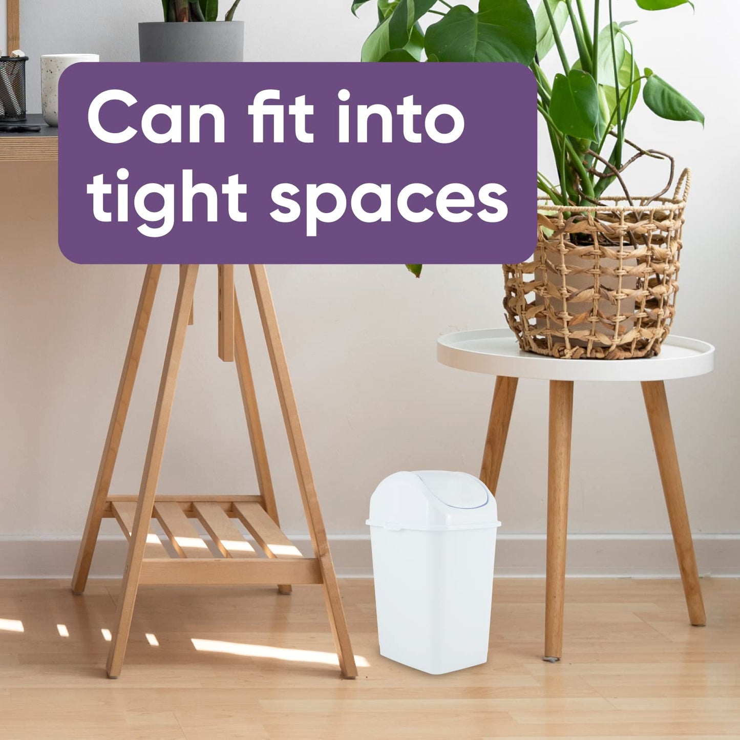 Superio Mini Desktop Trash Can with Swing Top Lid Portable Plastic Garbage Can for Countertop, Desktop, Make up Vanity, Bathroom, Car, Under Sink, Dorm, Compact Waste Bin 5 L 1.25 Gal (2, White)