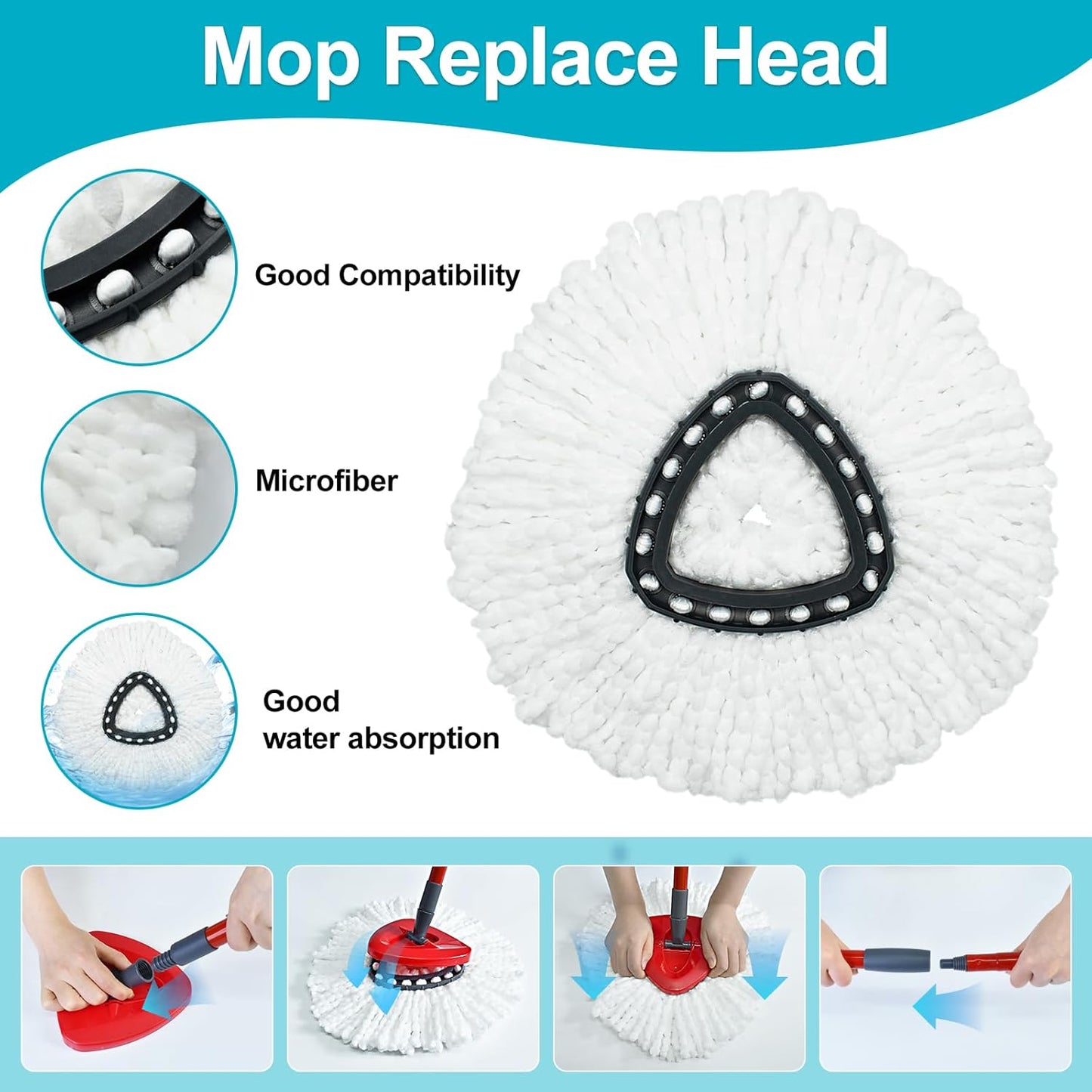 Spin Mop Replace Head, Base, Mop Handle Replacement for OCedar EasyWring 1 Tank System, Include 2 Microfiber Mop Head Replacement, 1 Sturdy Iron 30-58" Mop Handle, 1 Scrubber Head, 1 Spin Base