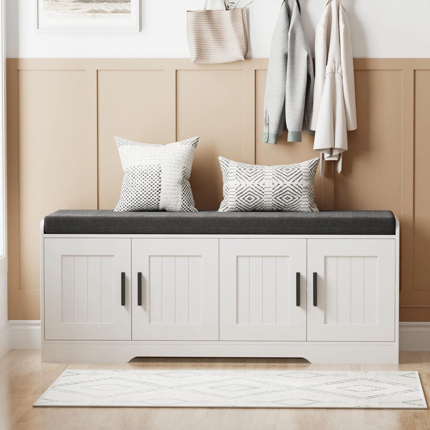 Homleke Shoe Storage Bench, 4 Doors & Thickened Padded Seat Cushion