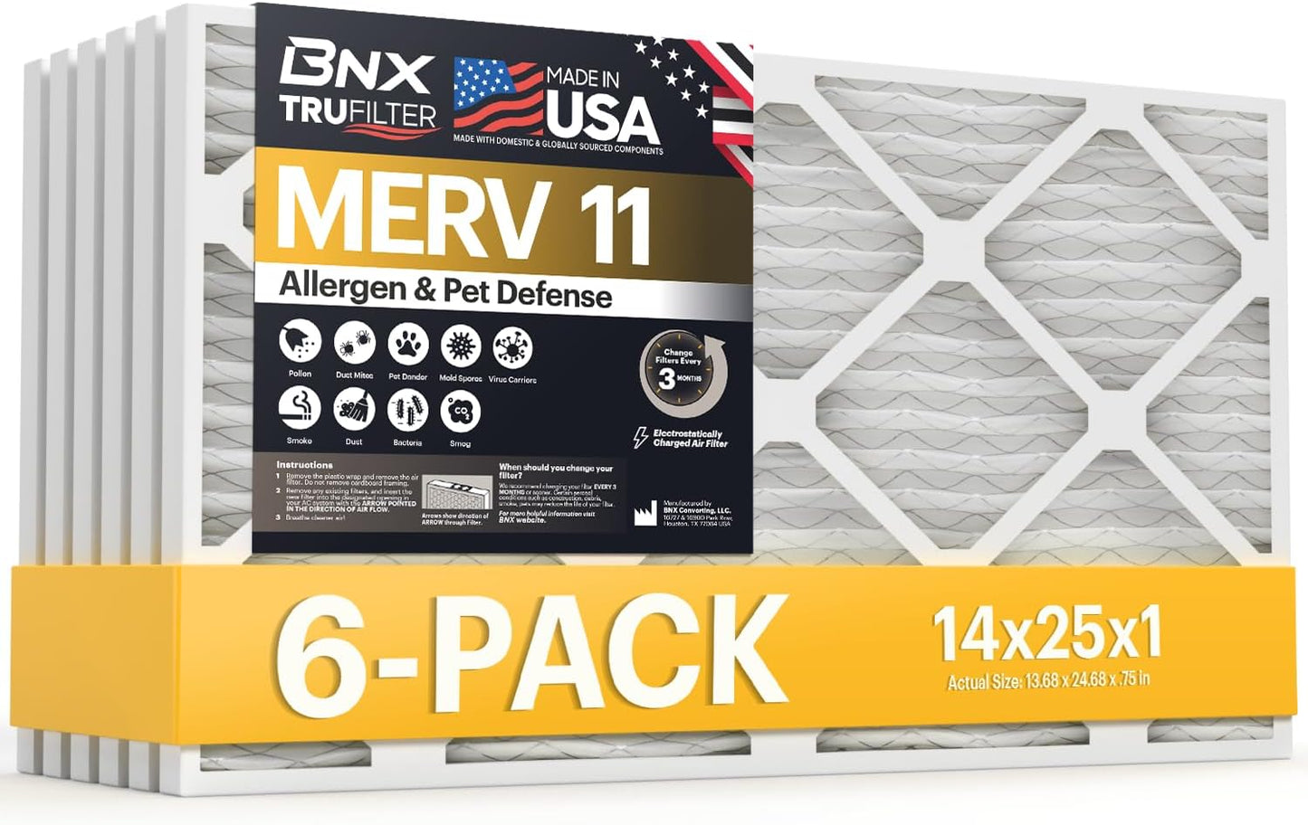 BNX TruFilter 14x25x1 Air Filter MERV 11 (6-Pack) - MADE IN USA - Allergen Defense Electrostatic Pleated Air Conditioner HVAC AC Furnace Filters for Allergies, Dust, Pet, Smoke, Allergy MPR 1200 FPR 7