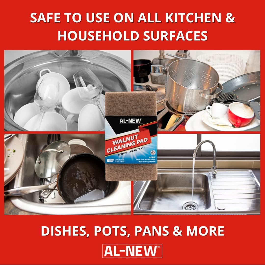 AL-NEW Walnut Cleaning Pads | Versatile, Scratch Resistant Household Cleaning & Scouring Pads for Kitchen Cleaning, Dishes, Pots, Pans & More (6 Pack)