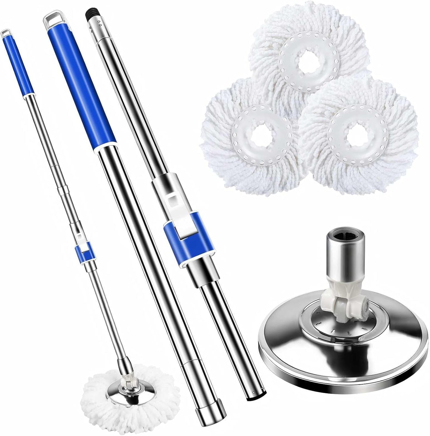 Replacement Handle for Swivel mop, 360° Swivel Adjustment, Reinforced Locking Telescopic Pole + 3 Reusable Microfiber mop Refills + 1 Stainless Steel Tray, Multi-Scenario mop Handle (Blue)