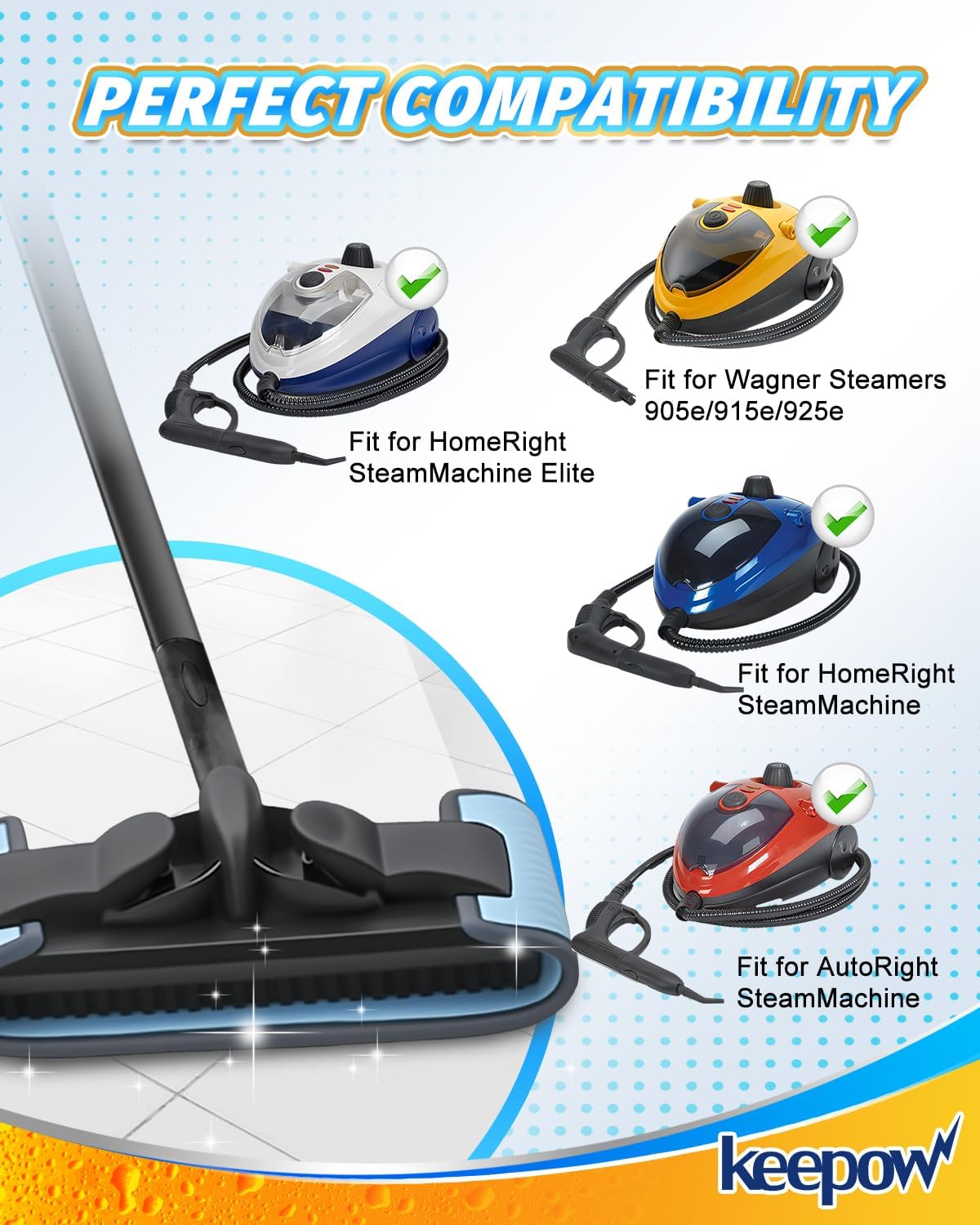 KEEPOW Steamer Microfiber Pad Compatible with Wagner 905e, 915e and 925e, Reusable Microfiber Cleaning Replacement Pads for Multi-Surface Floor Cleaning for Powerful, 2 Pack (Mop is Not Included)