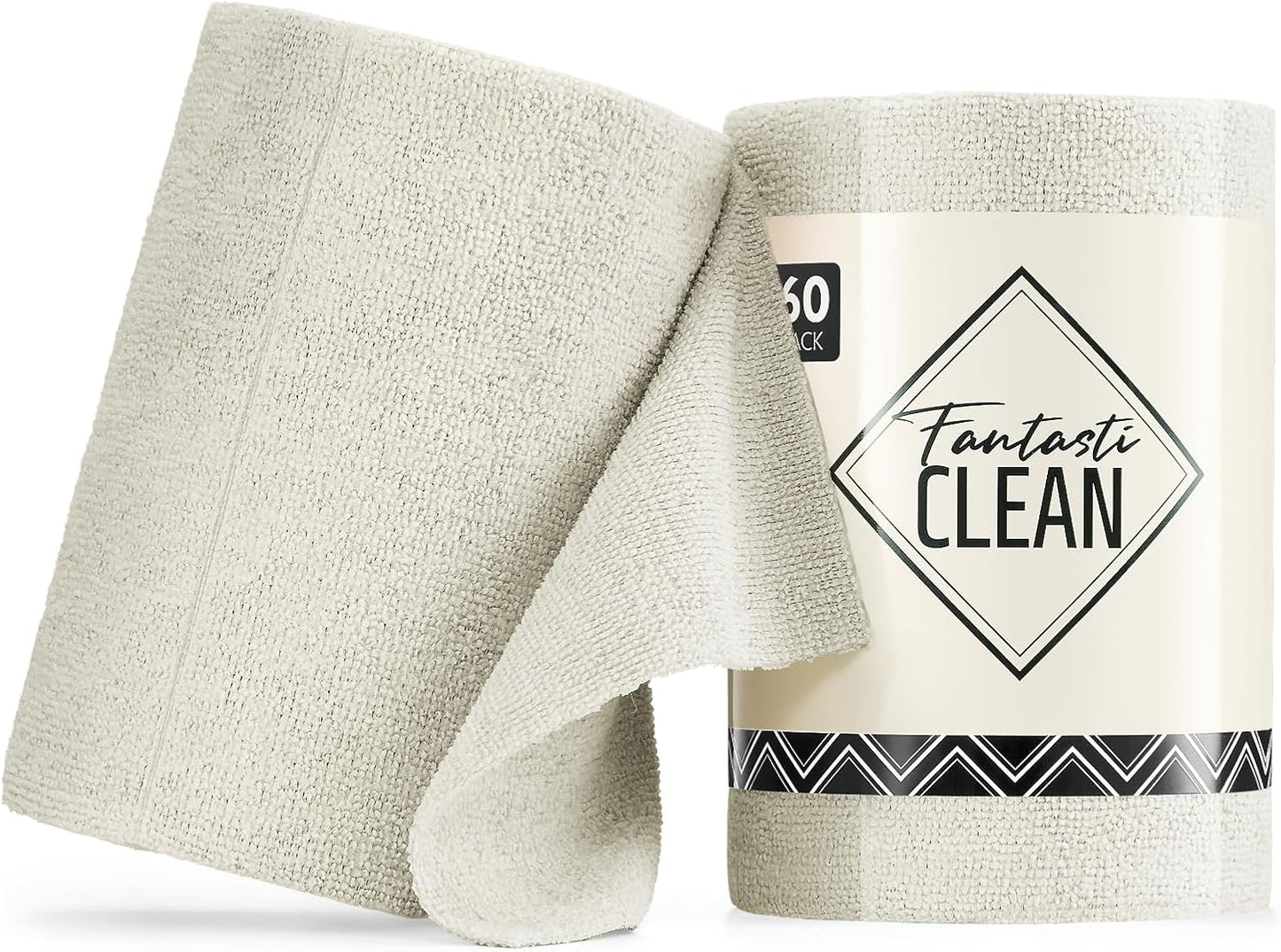 Fantasticlean Microfiber Cleaning Cloth Roll -60 Pack, Tear Away Paperless Towels, 8" x 8", Reusable Washable Rags, for Home Kitchen, Pet, Office, Indoor Outdoor, Compact and Portable (Off-White)