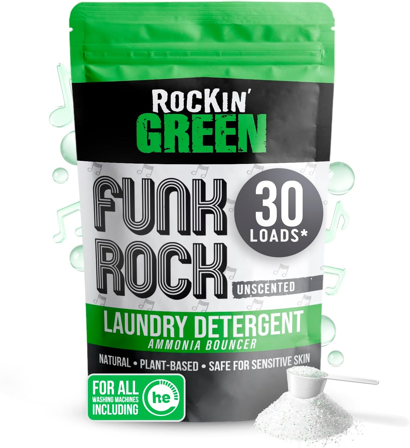 Rockin' Green Laundry Detergent, Plant based, All Natural Laundry Detergent Powder, Vegan and Biodegradable Odor Fighter, Safe for Sensitive Skin (Funk Rock Ammonia Bouncer 30 Loads - Unscented)
