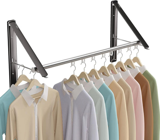 Clothes Drying Rack Retractable, Wall Mounted Clothes Hanger Rack for Laundry Room, Laundry Drying Rack with Clothes Rod Space Saving Closet Organizer Aluminium (Black, 2P)