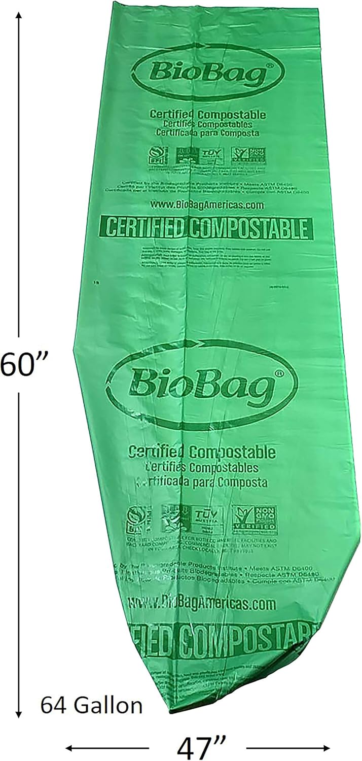 BioBag (USA) The Original Compostable Bag, 64 Gallon, 60 Count, 100% Certified Compostable Trash Bag Liners for Food Waste, Extra Strong and Durable, Trash Bag