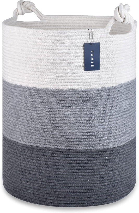 COMSE Laundry Hamper, Extra Large 15.7"x 21.7", Cotton Rope Basket, Portable, White & Light Gray & Dark Gray