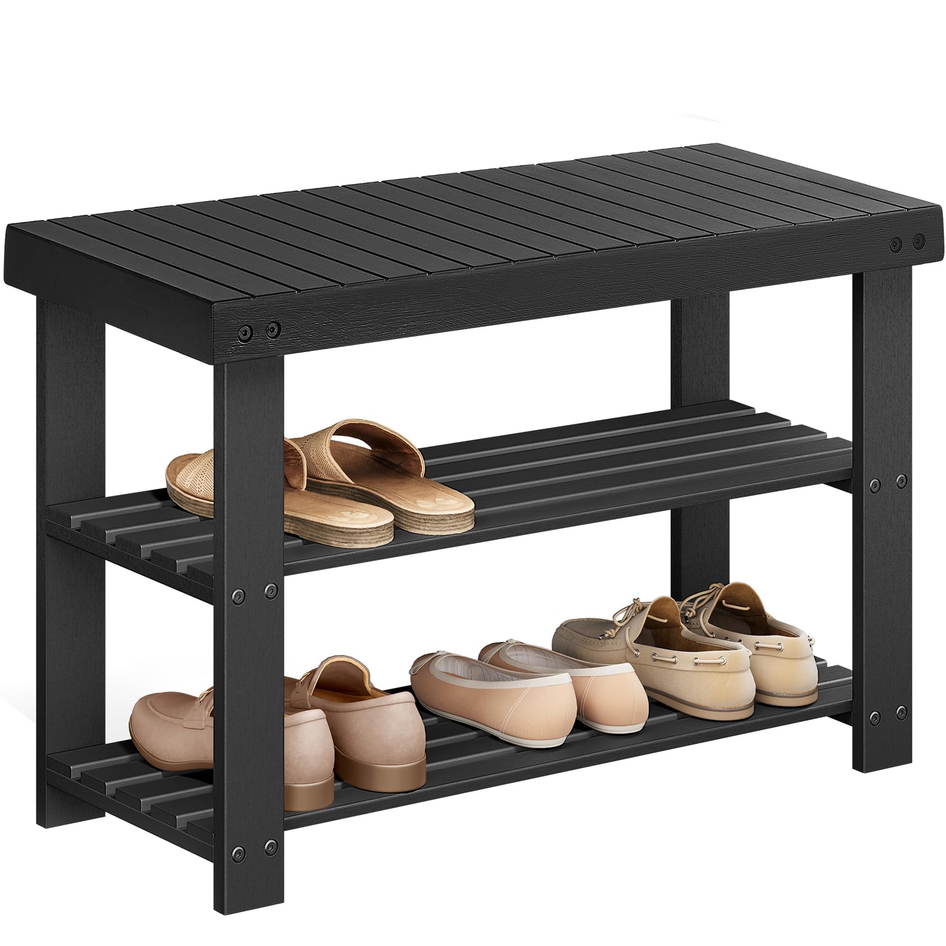 SONGMICS Shoe Rack Bench, 3-Tier Bamboo Shoe Storage Organizer, Entryway Bench, Holds Up to 286 lb