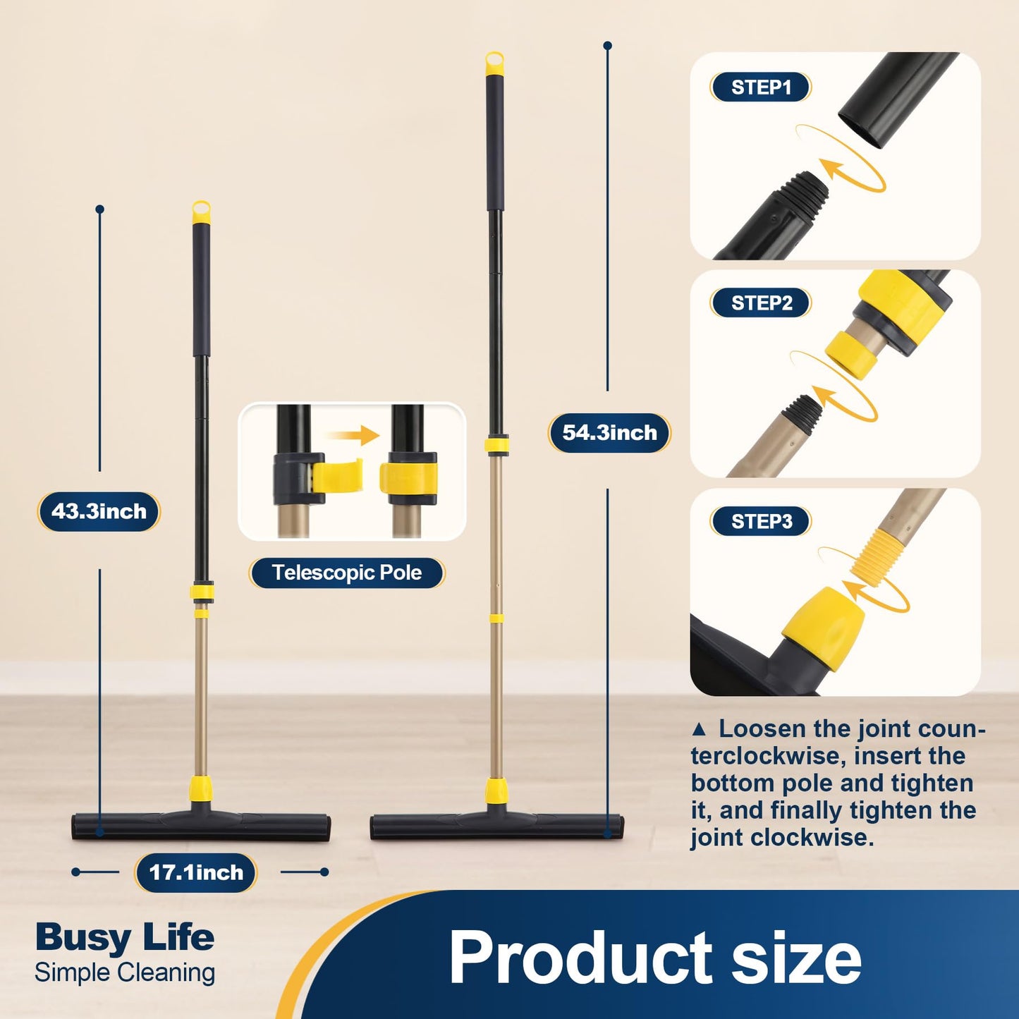Yocada Floor Squeegee Scrubber Adjustable Telescopic Pole Heavy Duty 54.3"