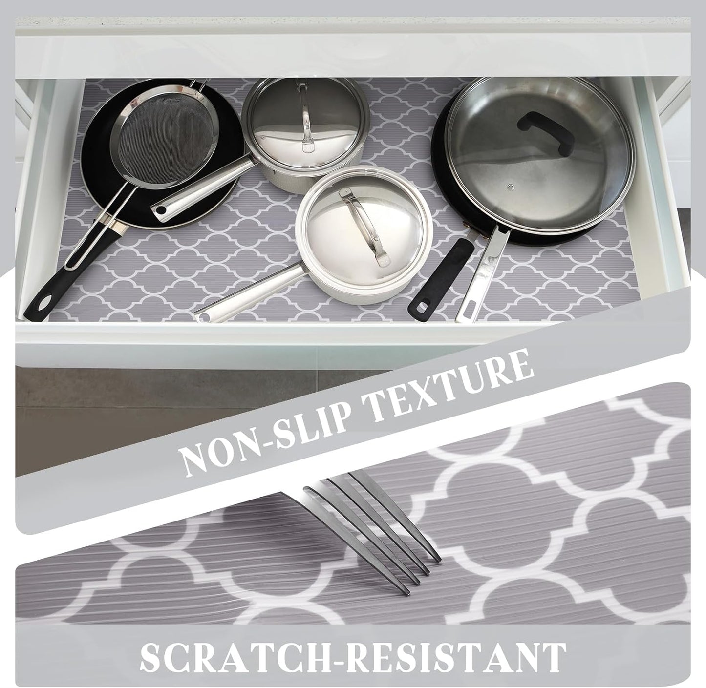 Glotoch Shelf Liner 12" x 30 ft. - Non Adhesive Refrigerator, Kitchen, Drawer Liners, Waterproof and Durable Fridge Table Place Mats for Cupboard, Cabinet, Drawer Liner, Quatrefoil Gray