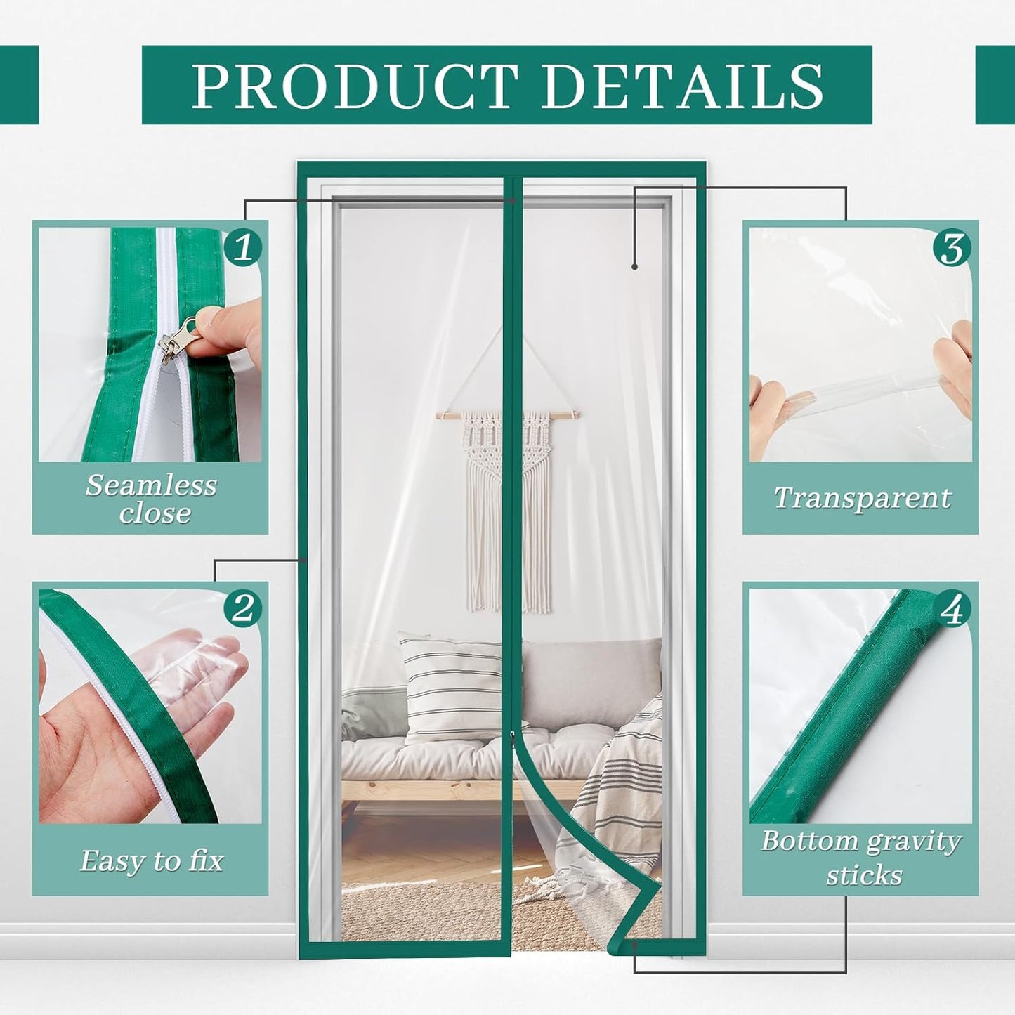 Amylove Zipper 60 x 102 Inch Dust Barrier Kit Construction Door Barrier 5 x 8.5 ft Reusable Plastic Curtain Cover Containment Standard Doorway Temporary Wall Screen Green Sheeting for Bathroom Hallway