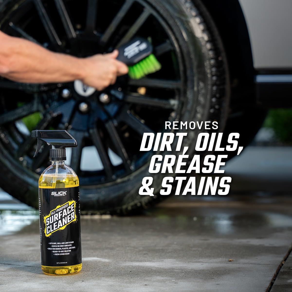 Slick Products All-Purpose Surface Cleaner – Vehicle Interior & Exterior Spray for Rubber, Plastic, Vinyl, Carpet & Upholstery – Ready-to-Use Lemon Scented Cleaner – 64 oz.