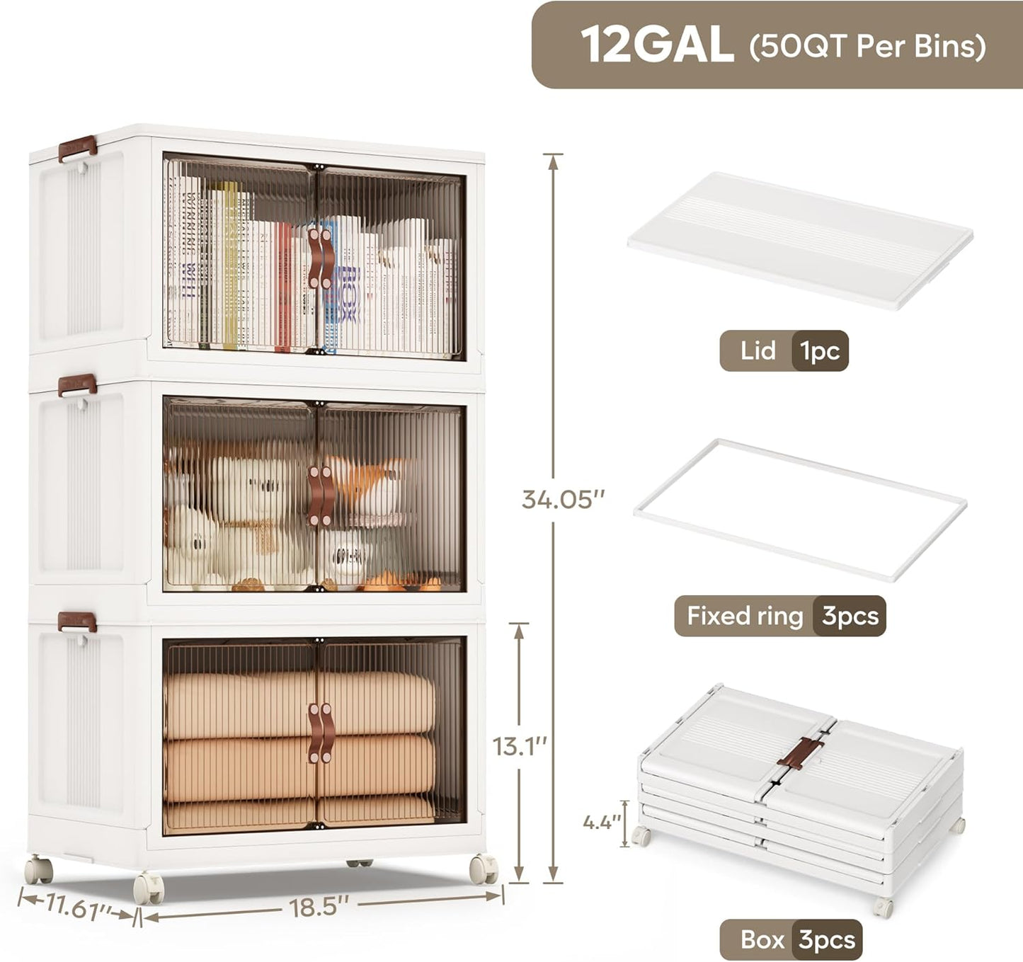 Jalove 50QT Plastic Storage Bins with lids, Stackable Collapsible Storage Containers with Wheels, Closet Organizer and Storage Drawers, Clothes Storage Cabinet for Home Office Garage, 3Pack White