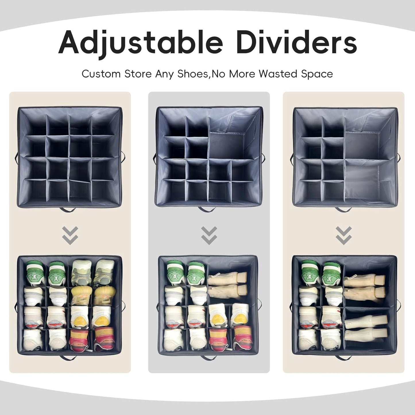 Shoe Organizer for Closet, 3 Pack Shoe Storage Bins with Clear Cover, Adjustable Dividers Fits 24-48 Pairs, Grey