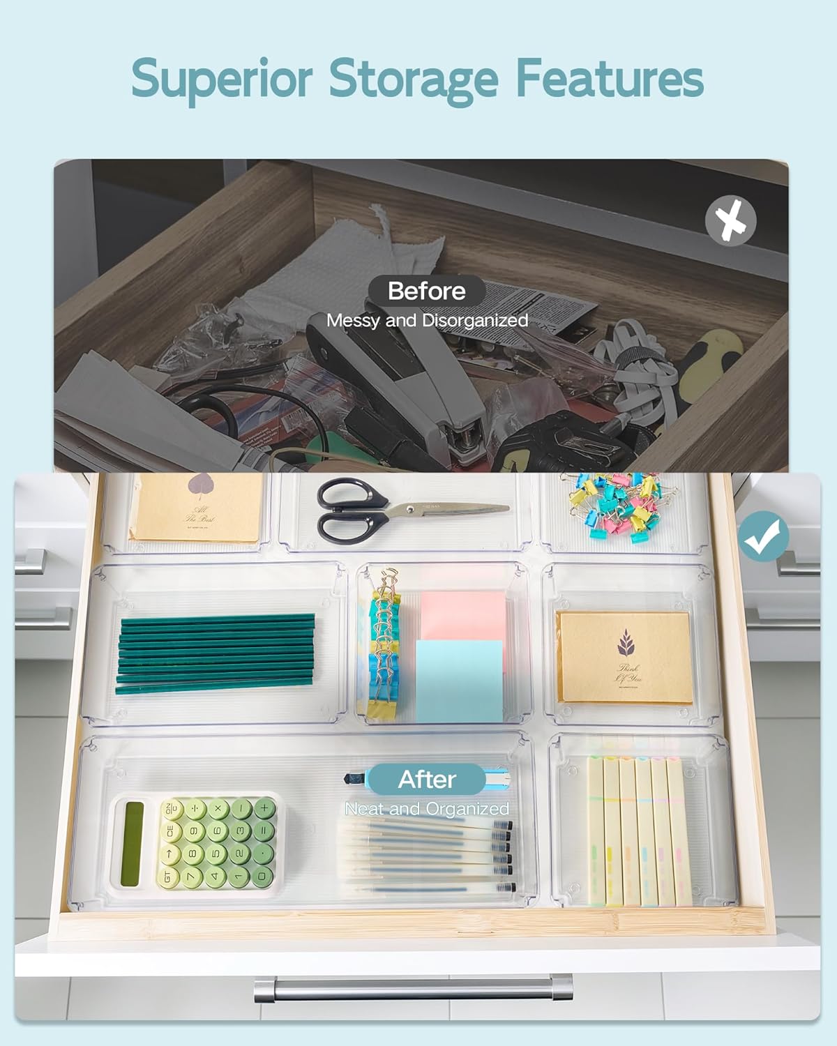 9 Pack Large Clear Plastic Drawer Organizer Trays, Desk Drawer Organizers and Storage Dividers, Non-Slip Storage Bins for Jewelry, Snacks, Office, Bathroom, Bedroom and Kitchen