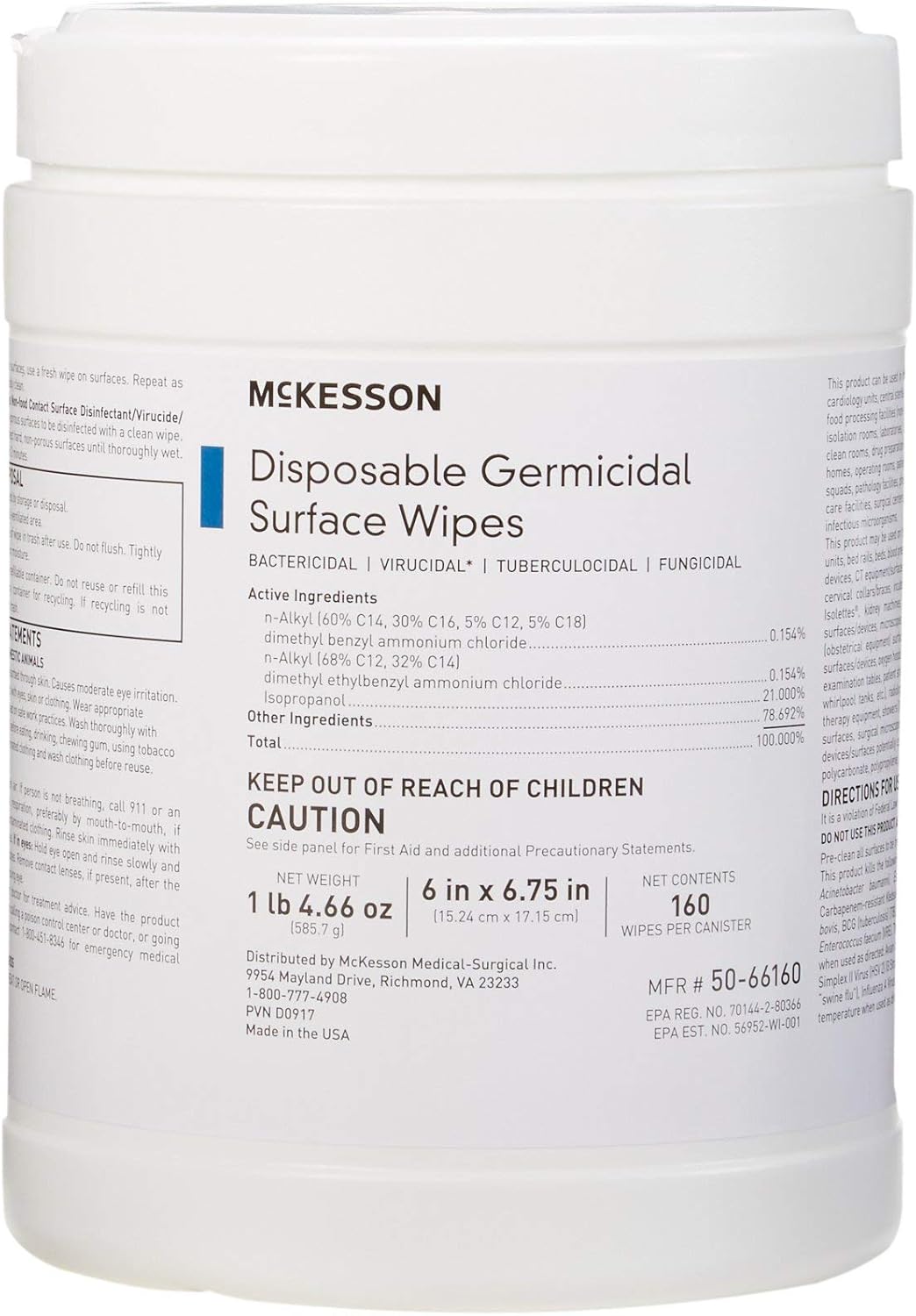 McKesson Germicidal Wipes [1920 Count] Disinfecting Wipes, Alcohol Cleaning Disinfectant Wipes, Hospital Grade Multi-Surface Wipes, 160 Wipes, 12 Pack