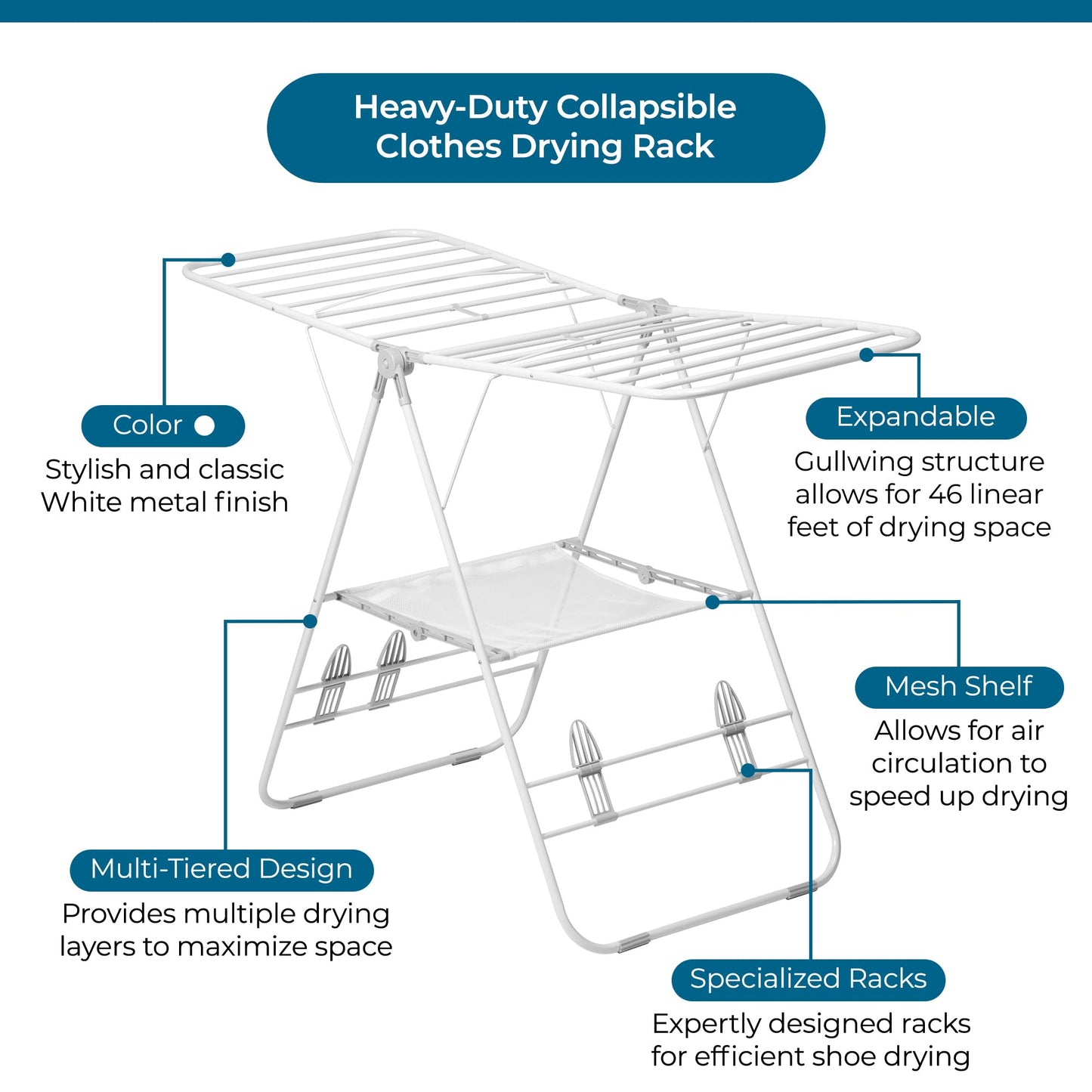 Honey-Can-Do Heavy-Duty Gullwing Clothes Drying Rack, 50 lb, White