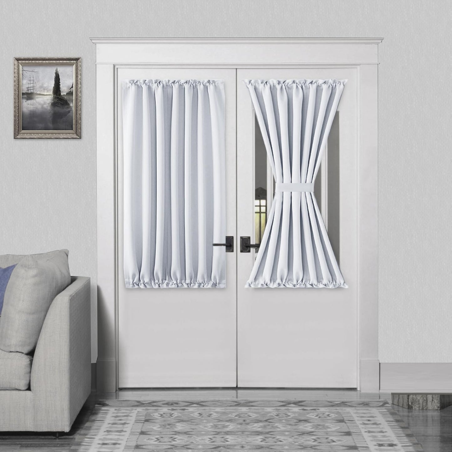 DWCN French Door Curtains – Rod Pocket Thermal Curtain for Doors with Glass Window, Kitchen and Patio Doors for Privacy, 54 X 40 Inch Length, 1 Curtain Panel with Tieback, Greyish White