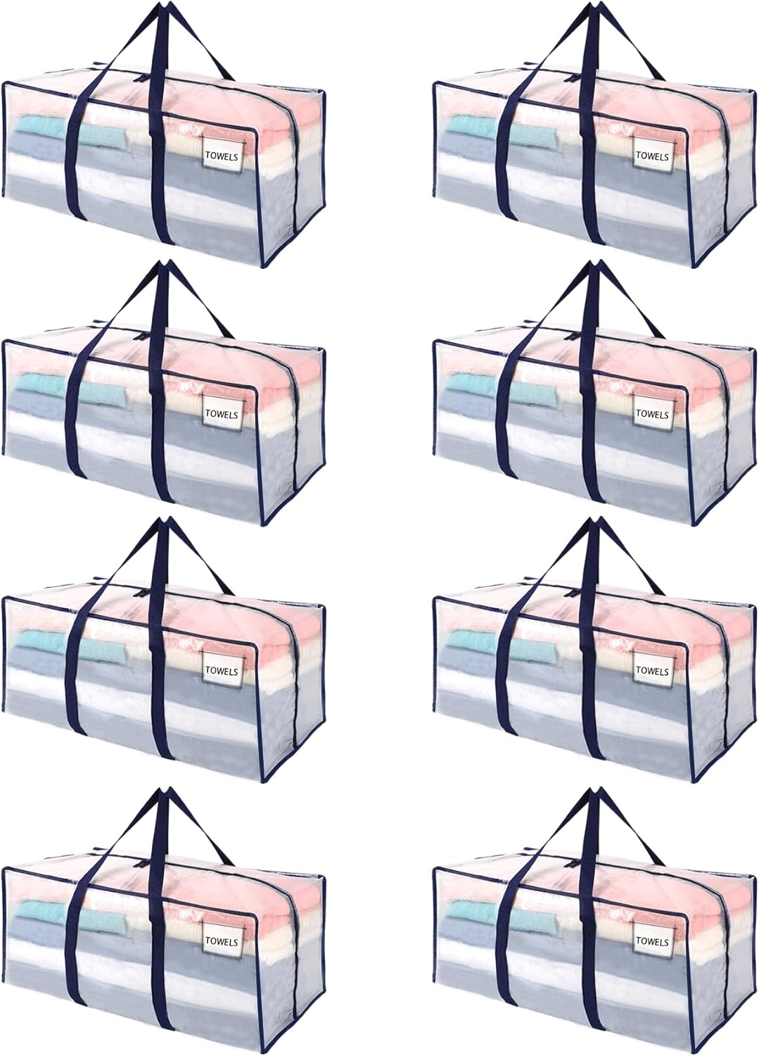 VENO 8 Pack Moving Bags Plastic Storage Totes Clothes Organization Large W Lid/Zipper. Packing Boxes/Bins Alternative. Space Saving Foldable College Supplies Essentials (Clear, 8 Pack)