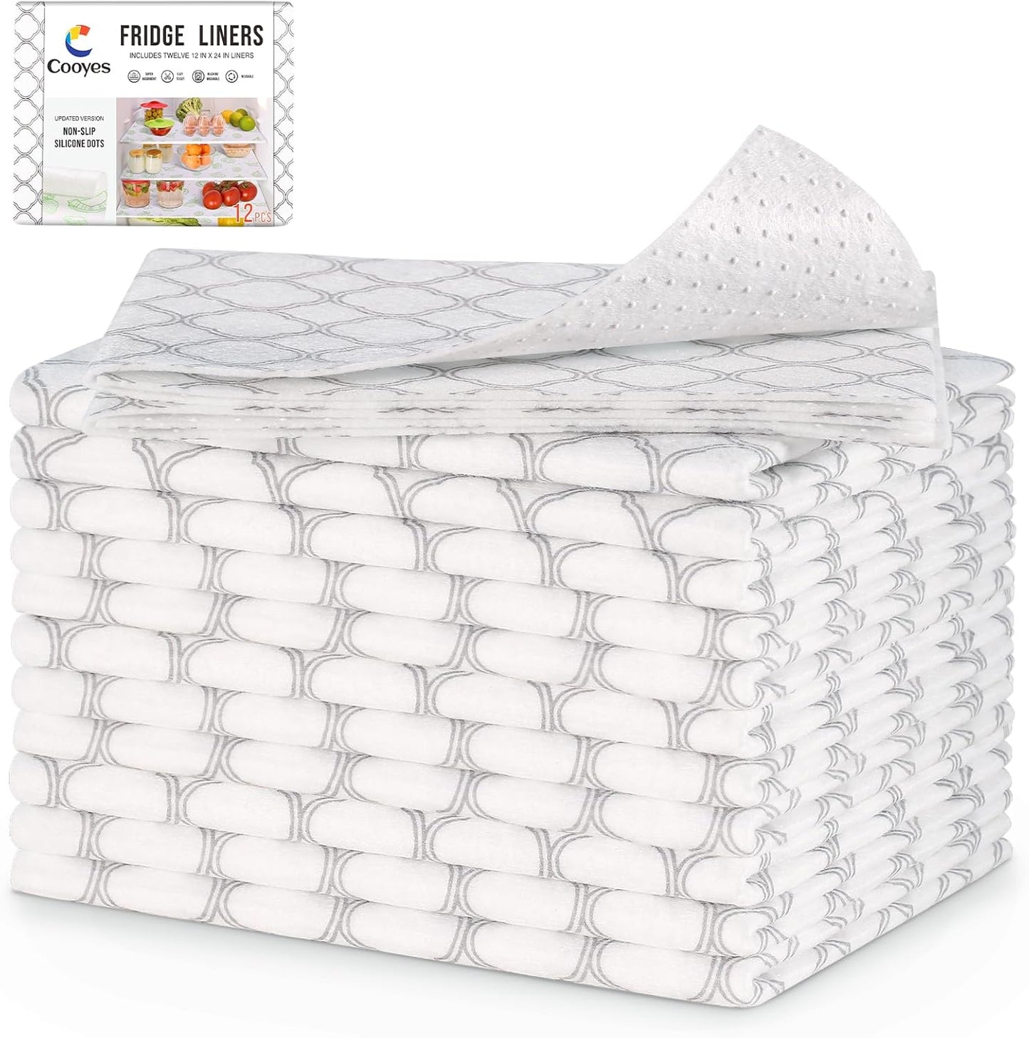 Cooyes Non Slip Refrigerator Liners, 2 in 1 Absorbent Fridge Liners and Fresh Mats Machine Washable, Refrigerator Shelf Mats for Glass Shelves Kitchen Cabinet Drawer