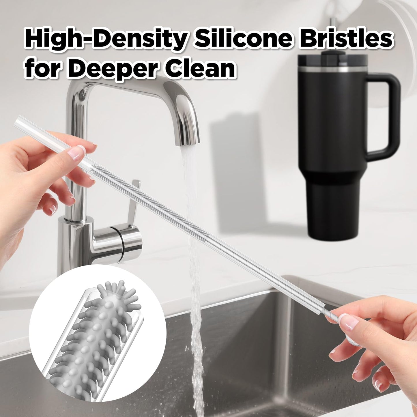 2 Pcs Silicone Straw Cleaner Brush, Extra Long Cleaning Brushes for Straws, 6mm&9mm, Gray